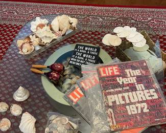 vintage Life magazines, maracas, sea shells, 