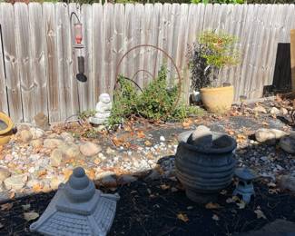 garden sculptures, bird feeders, plants and planters