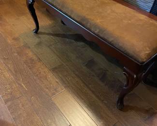 antique wood and velvet bench