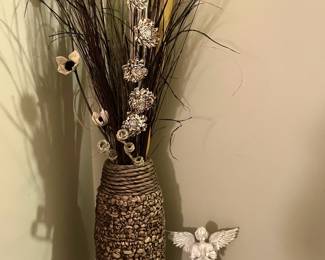 decorative vase and dried flowers, white wooden angel