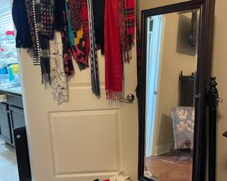 women's scarves, storage baskets, full length wood mirror