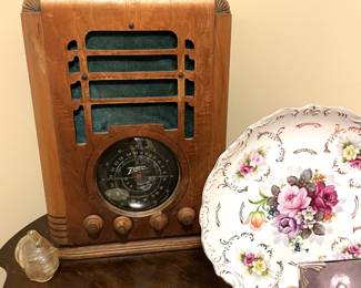 vintage radio, display china plate, antique side table, vintage framed phtotographs