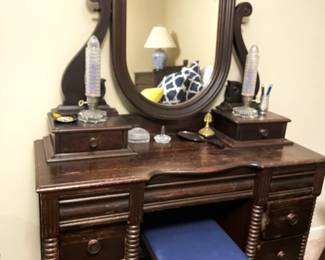 antique bedroom set and dresser with oval mirror