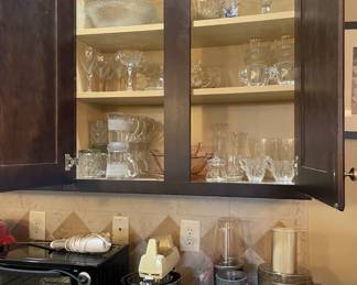 kitchen appliances, kitchen storage, toaster oven, blender, fine glassware, crystal