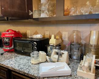 kitchen appliances, kitchen storage, toaster oven, blender, fine glassware, crystal