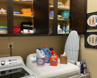 hand towels, GE washer & dryer, laundry room wall art, iron, detergent, ironing board