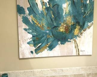 turquoise flower wall art, turquoise candles, silver candle holders