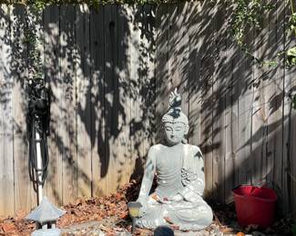 Garden sculptures, buddha, garden tools, buckets