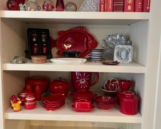 decorative red glass and ceramic containers, dishes, salt/pepper shakers, mirrored glass trays, fine glass vases