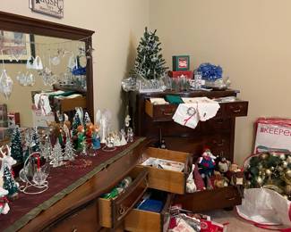 Christmas decor, wreaths, ornaments, woven storage baskets