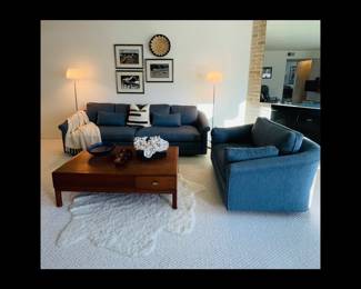 Mcm blue sofa & chair
mcm walnut coffee table by Motif