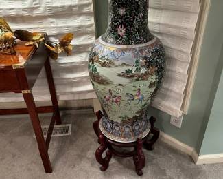 Large Vintage Chinese Floor Vase / Urn on Wood Stand