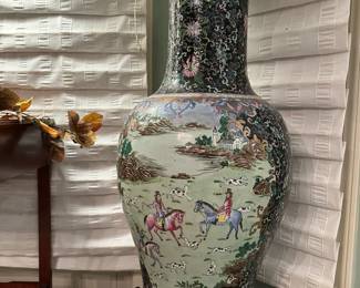 Large Vintage Chinese Floor Vase / Urn on Wood Stand