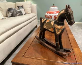Hand Carved Wood Rocking Horse with Bone and Brass Inlay 