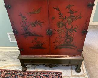 1950's Hand Painted Red Lacquered Chinoiserie Cabinet