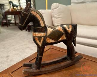 Hand Carved Wood Rocking Horse with Bone and Brass Inlay 