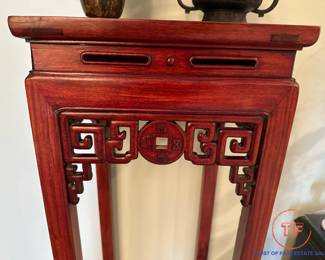 Carved Asian Redwood Stand with Metal Cloisonne Insert