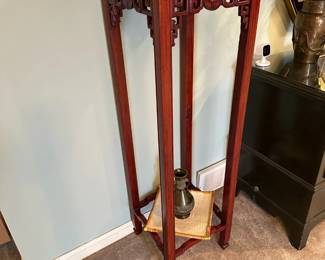 Carved Asian Stand with Metal Cloisonne Insert