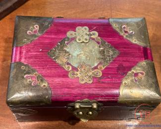 Chinese Trinket Box with Brass Accents and Jade Inlay