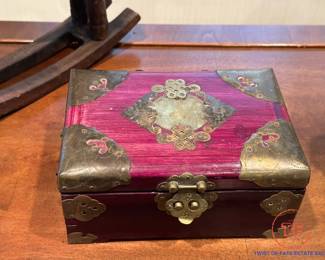 Chinese Trinket Box with Brass Accents and Jade Inlay