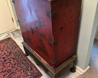 1950's Hand Painted Red Lacquered Chinoiserie Cabinet