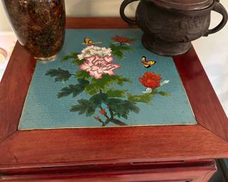 Carved Asian Stand with Metal Cloisonne Insert