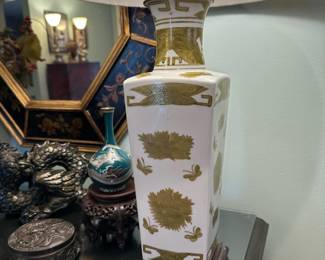 Porcelain Asian Table Lamp with Imari Black Wood Base