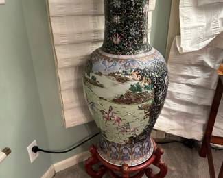 Large Vintage Chinese Floor Vase / Urn on Wood Stand