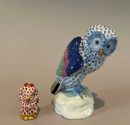 Herend Handpainted Porcelain Polychrome Owl Figurines
