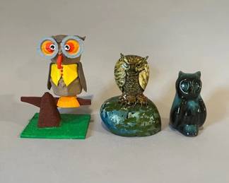 Three Handmade Folk Art Style Owl Figuines
