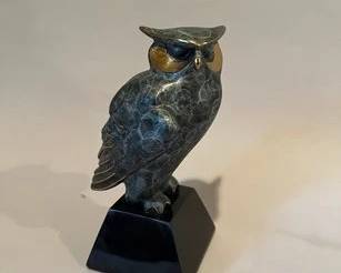 Alexsander Danel (Estonian, 1940-2001), Modernist Style Bronze Horned Owl Sculpture, 1992
