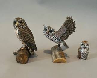 Group Of Three Carved And Painted Wood Owl Figurines
