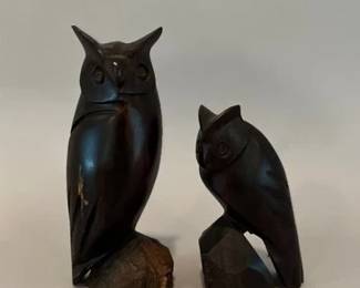 Two Dark Wood Carved Modernist Owl Figurines
