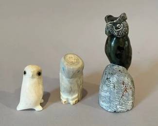 Three Carved Stone Owl Figurines
