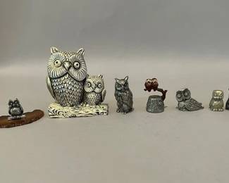 Group Of Six Vintage Pewter Miniature Owl Figurines And Peltro Italy Owl Paperweight
