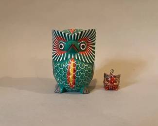 Two Painted Wood Travel Souvenirs Of Owls
