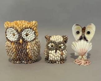 Group Of Three Handmade Folk Art Seashell Owl Figurines
