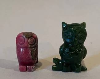Carved Stone Miniature Owl Figurines, Probably Jade, Modern
