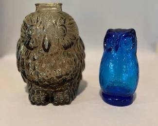 Vintage Libby Glassware Wise Old Owl Piggybank With Blue Glass Owl
