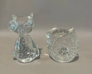 Two Vintage Art Glass Handblown Owl Paperweights Or Figurines
