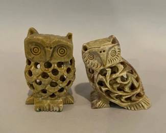 Pair Of Carved Soapstone Owl-within-an-owl Figurines, India
