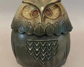 Vintage Midcentury Taupe, Brown And Grey Glazed Pottery Owl Covered Jar, Made In Japan
