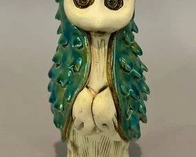 M. Perret, Vintage Glazed And Biscuit Midcentury Modern Ceramic Owl Figurine, France, Circa 1970
