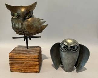 Two Vintage Metal Folk Art Owl Figurines
