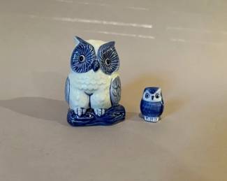 Blue And White Ceramic Owl Figurines
