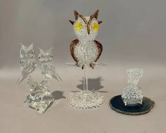 Group Of Three Art Glass Owl Figurines
