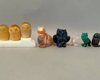 Carved Semiprecious Stone Owl Figurines
