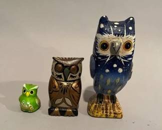 Group Of Three Painted Owl Travel Souvenir Figurines
