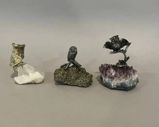 Owl Figurines Mounted On Semi-precious Mineral Crystals
