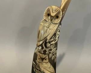 Vintage Cameo Carved Horn Owl Sculpture On Stand
